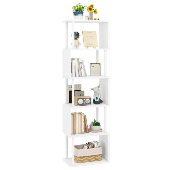 6-Tier White Geometric Bookshelf, S-Shaped Tall Display Shelf With Storage For Living Room Bedroom Office
