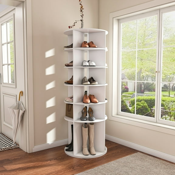 6-Tier White Spinning Shoe Organizer 360° Rotating Storage Tower for 24 Pairs of Shoes