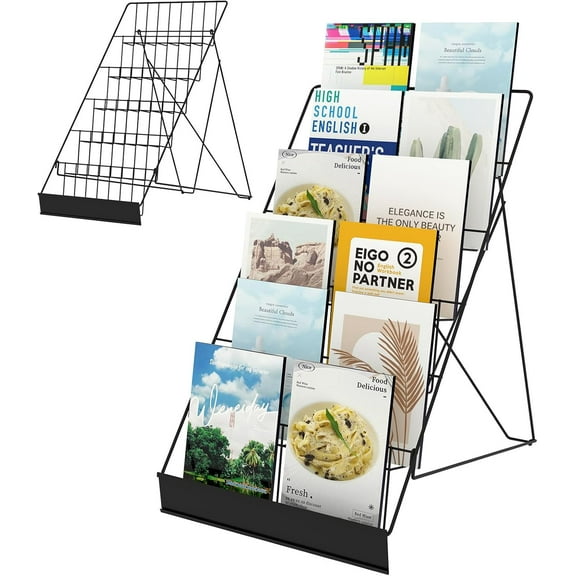 6 Tier Wire Countertop Rack,18" Wide Metal Book Display Rack Magazine Rack with Sign Channel,Foldable Retail Vendor Booth Display Stand for Greeting Card,Brochure,Art Print,CD,Craft,Comic