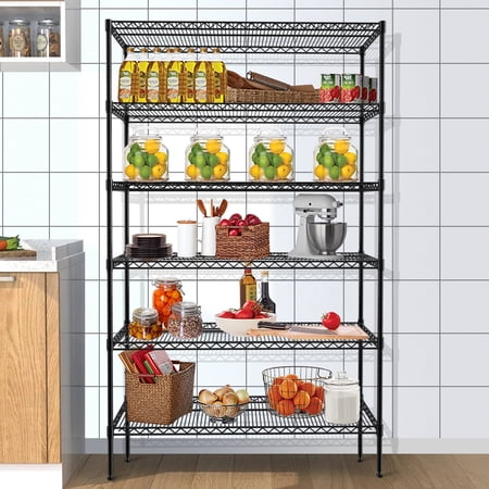 6-Tier Wire Shelf 72" x 16" x 42" Metal Storage Shelves Adjustable Storage Racks NSF Wire Shelving Units for Basement Garage Kitchen,1500 lbs Capacity, Black