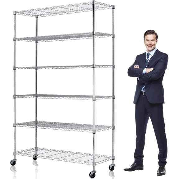 6 Tier Wire Shelving Storage Shelf Shelves Unit, Capacity 2100lbs Adjustable Rolling Metal Racks with Wheels, Metro Heavy Duty for Garage, 45" D x 18" W x 82" H, Chrome