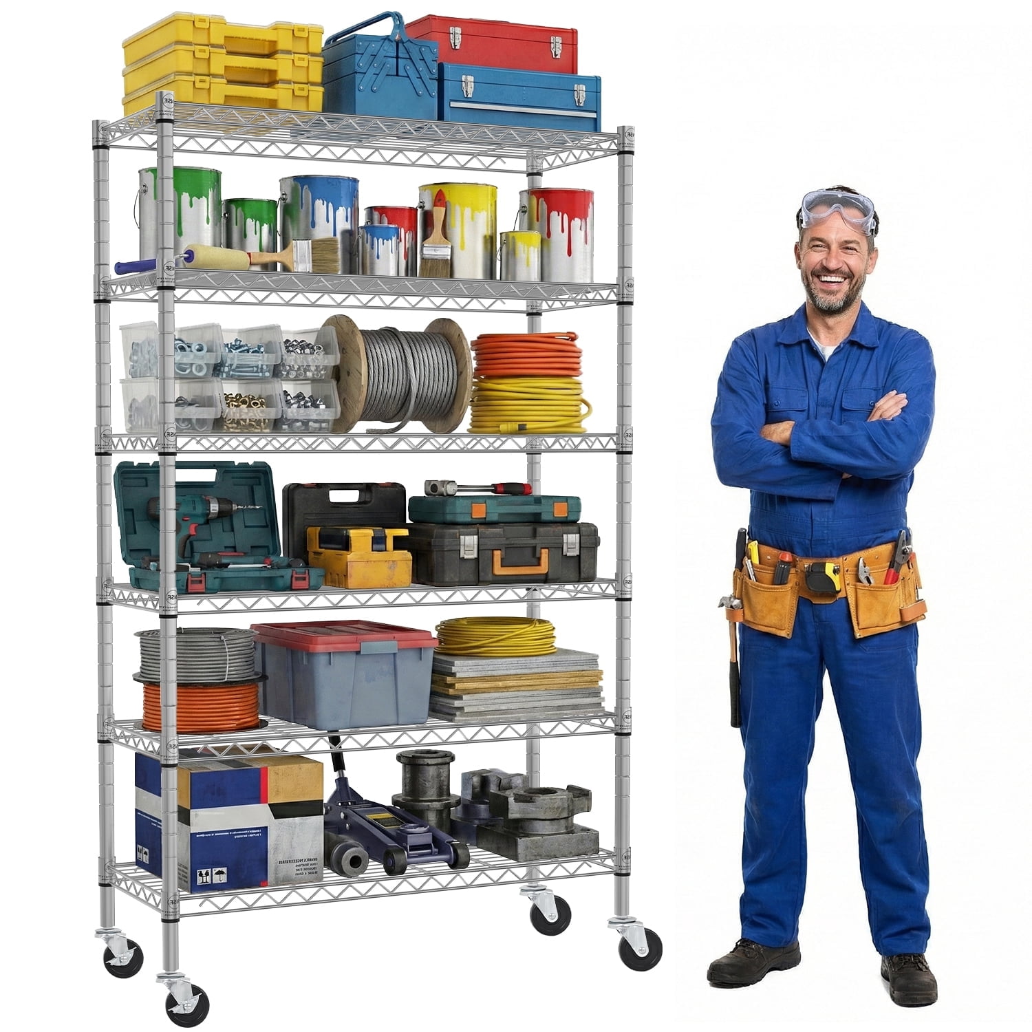 6-Tier Wire Shelving Unit 2100Lb Capacity Adjustable Storage Shelves Heavy Duty Storage Rack with Wheels NSF Metal Shelf for Closet Kitchen Garage Basement, 48" L x 18" W x 82" H, Chrome
