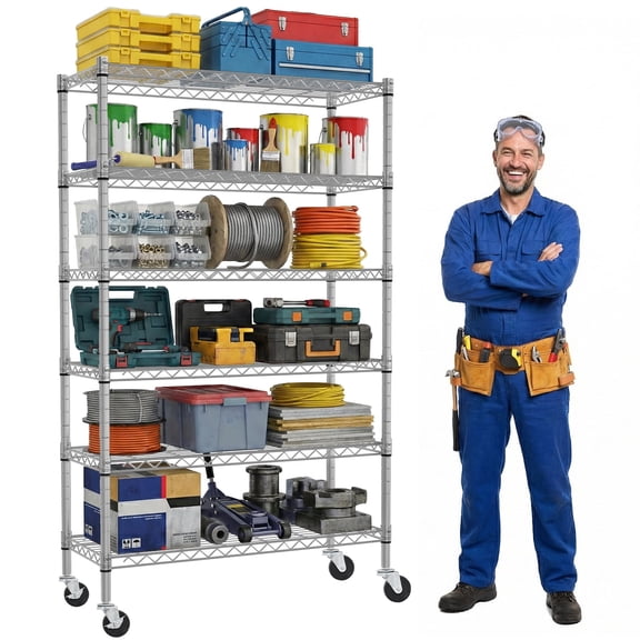 6-Tier Wire Shelving Unit 2100Lb Capacity Adjustable Storage Shelves Heavy Duty Storage Rack with Wheels NSF Metal Shelf for Closet Kitchen Garage Basement, 48" L x 18" W x 82" H, Chrome