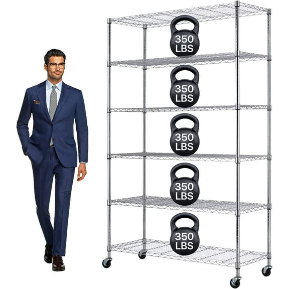 6 Tier Wire Shelving Unit Metal Storage Shelves w/Wheels, 350 Capacity Per Shelf, Heavy Duty Steel Garage Shelf, 48" L X 18" W X 82" H Pantry Kitchen Closet Racks