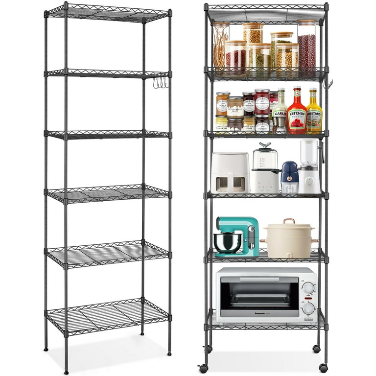 6-Tier Shelf Rack Wire Shelving Unit Storage Rolling Wheels Metal Shelf 4  Hooks