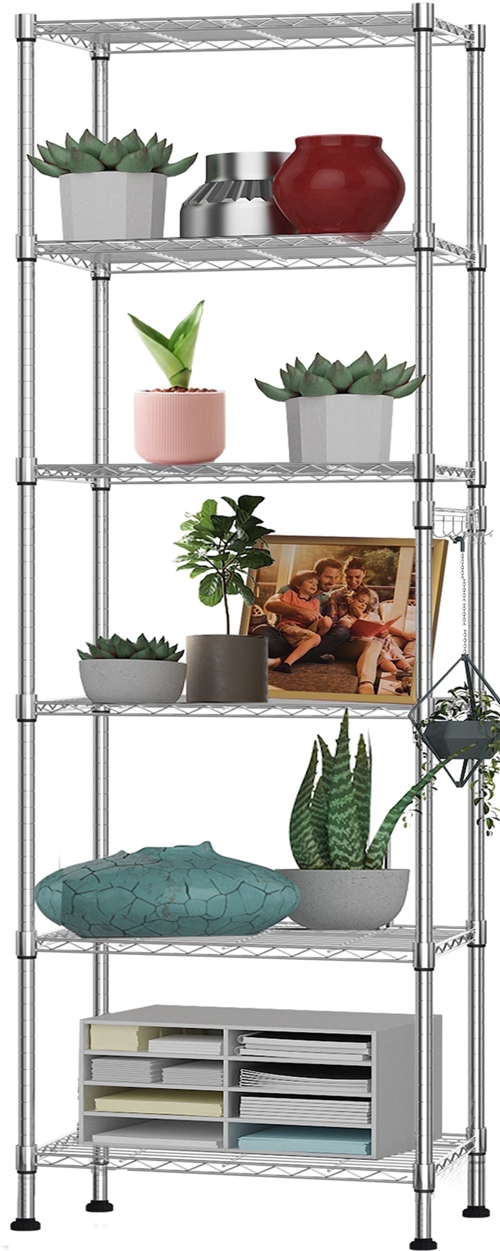 Qhomic 6-Tier Wire Shelving Unit Storage Rack Metal Shelf Organizer with 6 Hooks for Kitchen Bathroom Garage Balcony 21.26" x 11.42" x 62.99", Silver