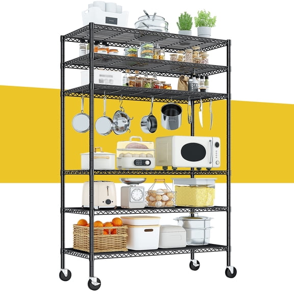 6-Tier Wire Shelving Unit with Wheels,45"W x 18"D x 82"H,1200lbs Heavy Duty Adjustable Metal Storage Rack,Rolling Garage Storage Shelves for Pantry,Kitchen & Warehouse