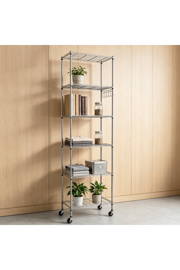 6-Tier Wire Shelving Unit with Wheels, Adjustable Metal Storage Rack for Garage, Kitchen, Office, Pantry, Easy Assembly, Rolling Steel Shelves with Stainless Side Hooks, Silver Grey