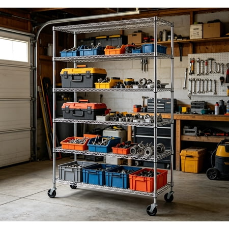 6-Tier Wire Shelving Units, Heavy Duty Storage Shelves, Adjustable Metal Shelf with Wheels, Steel Storage Racks for Pantry, Garage, Basement, 6000 lbs Capacity, 48" x 18" x 78", Silver
