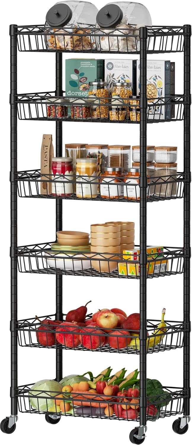 6‑Tier Wire Storage Shelving Unit With Wheels, Black Metal Basket Rack ...