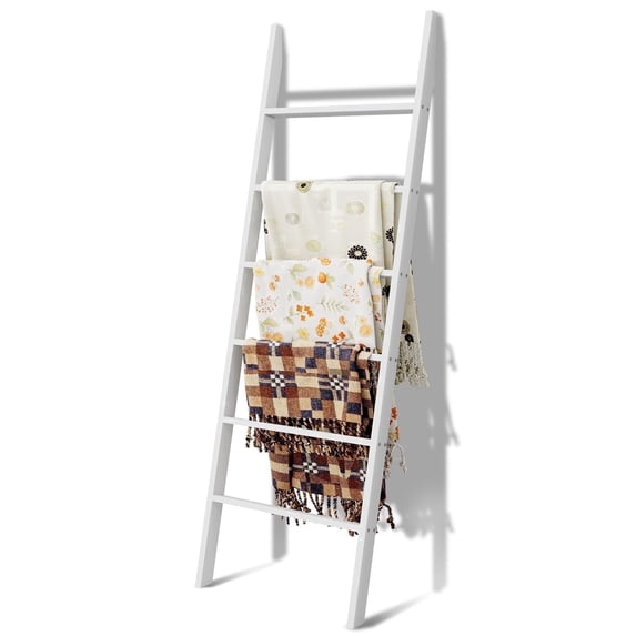 6-Tier Wood Blanket Ladder, 57.5" Rustic Throw Quilt Blanket Rack & Decorative Wall-Leaning Wooden Ladder Shelves for Farmhouse Decor Bathroom, White