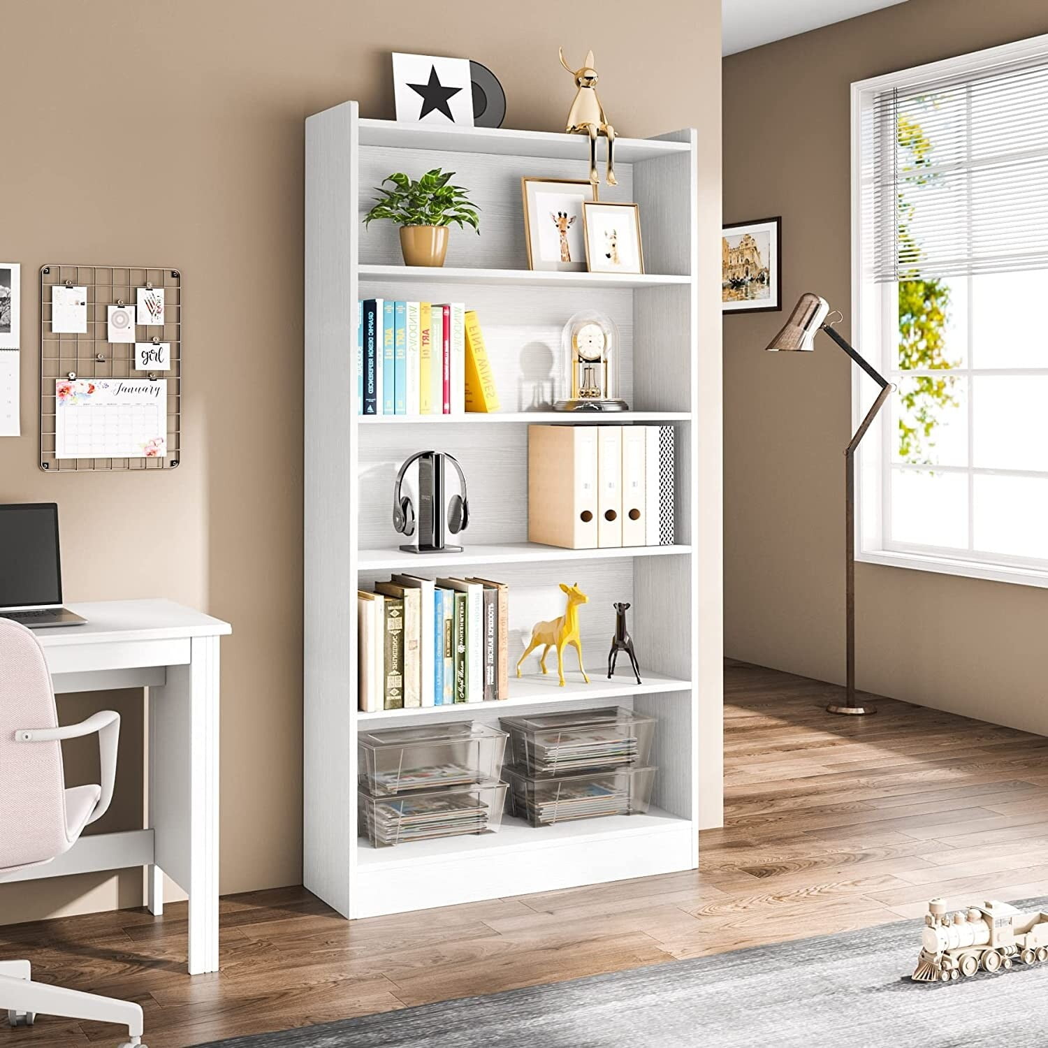 72" Tall White Particleboard 6-Tier Bookcase with Storage Shelves