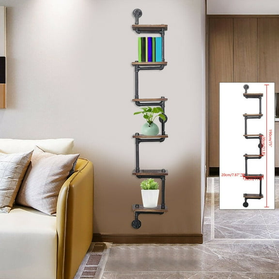6-Tier Wood Bookcase Storage Organizer Ladder Bookshelf Storage Pipe Shelves