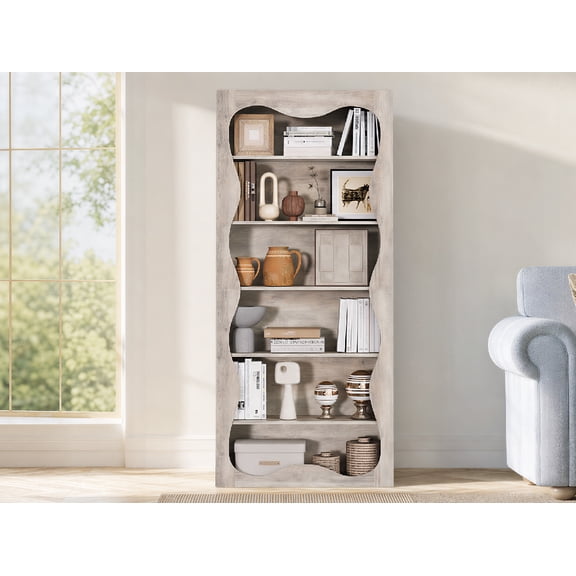 6-Tier Wood Bookshelf, Freestanding Bookcase with Wavy Scalloped Edge, Large Storage Display Shelf for Living Room Bedroom Office Library