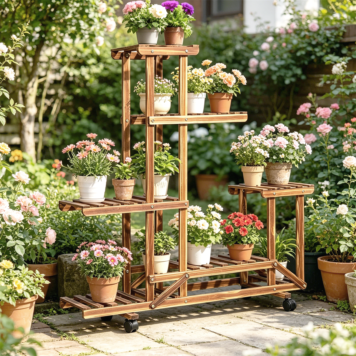 6 Tier Rolling Wheeled Plant Stand Carbonized Wooden Flower Shelf Rack  Holder Indoor Outdoor Garden