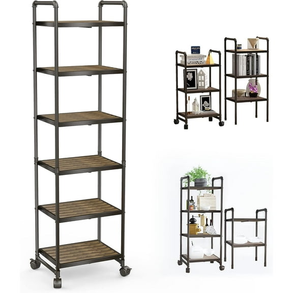 6-Tier Wood Storage Shelves, Slim Rolling Storage Cart with Metal Frame, Heavy Duty  Stand, Organizer Shelves for Kitchen, Bathroom, Pantry, Laundry Room, Balcony