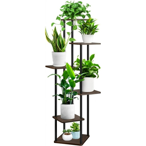 6 Tier Wood Tall Plant Stand Metal Rack Indoor, Multiple Flower Pot Holder Shelves Corner Rack, Planter Shelf Display Rack Storage Organizer for Patio Living Room Balcony Garden(Black Oak)