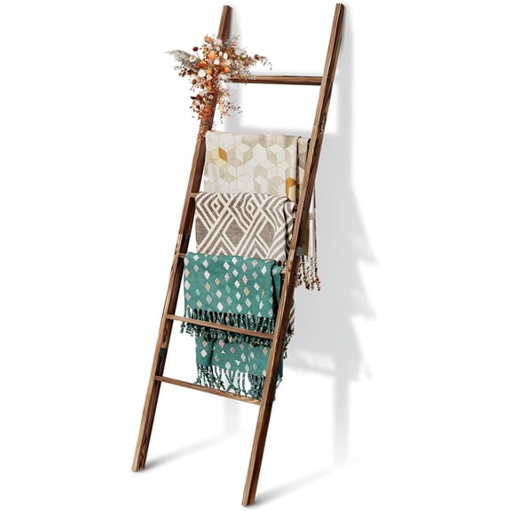 6-Tier Wooden Blanket Ladder 66.5 Inches Tall Rustic Farmhouse Style Brown