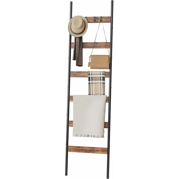 6-Tier Wooden Blanket Ladder with 4 Removable Hooks Rustic Brown