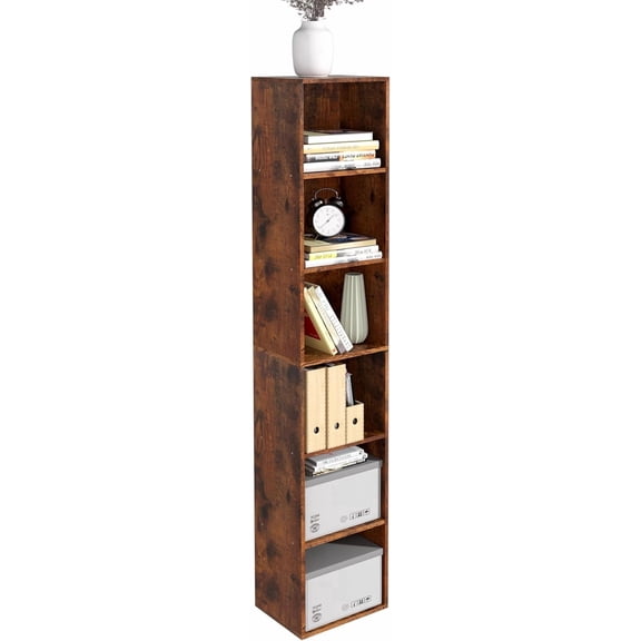 6-Tier Wooden Cube Storage Organizer, 62 Inch Tall Bookcase & Display Shelf with 6 Open Cubes, Freestanding DIY Closet Shelving Unit for Living Room Office(Retro Brown, 6 Cube-W(11.8inch)