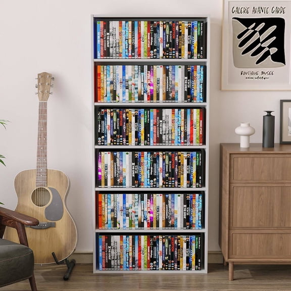 6-Tier Wooden DVD Storage Rack Tower, White, 6.6" x 23.6" x 52.8"
