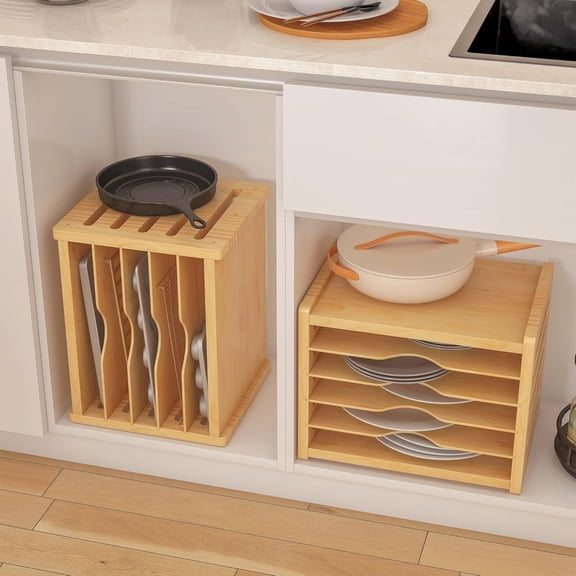 6 Tier Wooden Tray Dividers for Cabinets, Kitchen Vertical Cookie Sheet Organizer, Baking Trays Storage Rack for Baking Pans, Cutting Board