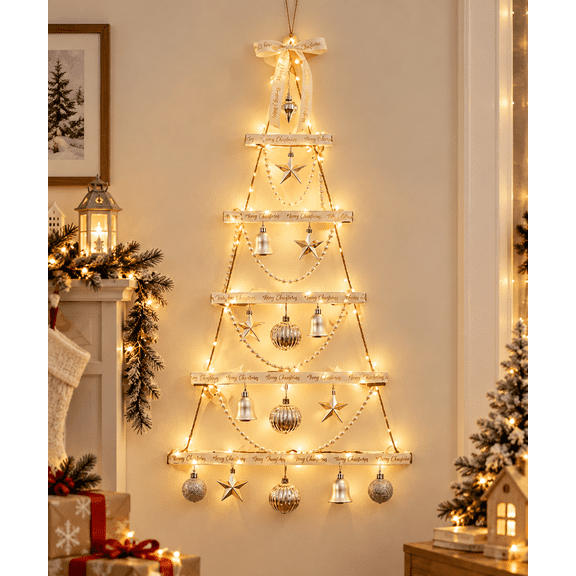 6-Tier Wooden Wall Hanging Christmas Tree with Lights, Wall Hanging Christmas Ladder Tree Lights, Wood and Ribbon Bring Ladder- Holiday Walls Decor to Cozy Entryways