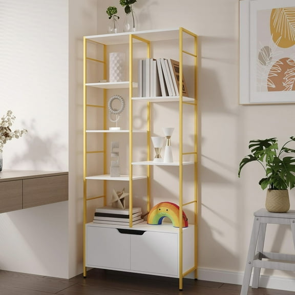 6-Tier&nbsp;Bookshelf with Doors, 67" Tall Open Bookcase for Display, Shelf with Storage Cabinet,&nbsp;Industrial Retro Bookcase, Freestanding Storage Organizer Bookshelf for Living Room, White