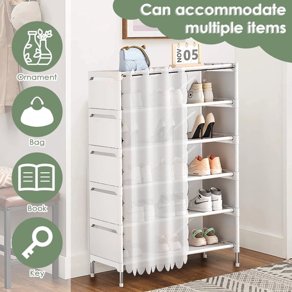 6 Tier Shoe Rack with Privacy Curtain, Dust-Proof Shoe Organiser Sturdy for Wardrobe Entrances, Hallways (White)