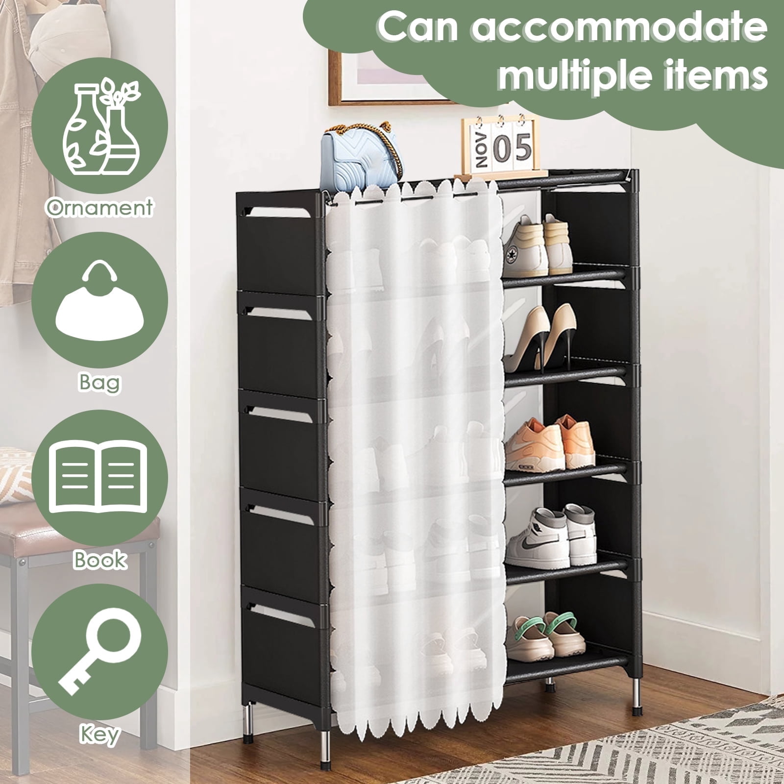 Sweeper Shoe Rack 6 Tier Shoe Rack with Privacy Curtain, Dust-Proof Shoe Organiser Sturdy ...