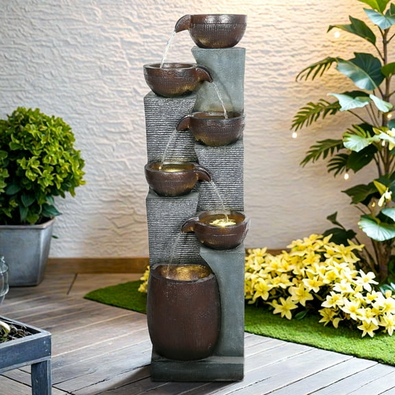 6 Tiered Cascading Outdoor Water Fountain with LED Lights - 53.5"H Floor-Standing Garden Waterfall Fountains for Patio Yard Porch Home Art Decor
