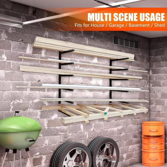 6-Tiered Collapsible Wall Mount Lumber Storage Metal Rack, Heavy Duty Indoor Garage Wood Organizer, Adjustable Steel Workshop Shelf for Tools and Pipes
