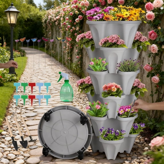 6-Tiered Stackable Planter with Removable Wheels - Elevated Garden Tower for Deck, balcony; Ideal for Tomatoes, Lettuce, Culinary Herbs (Agreeable Gray)