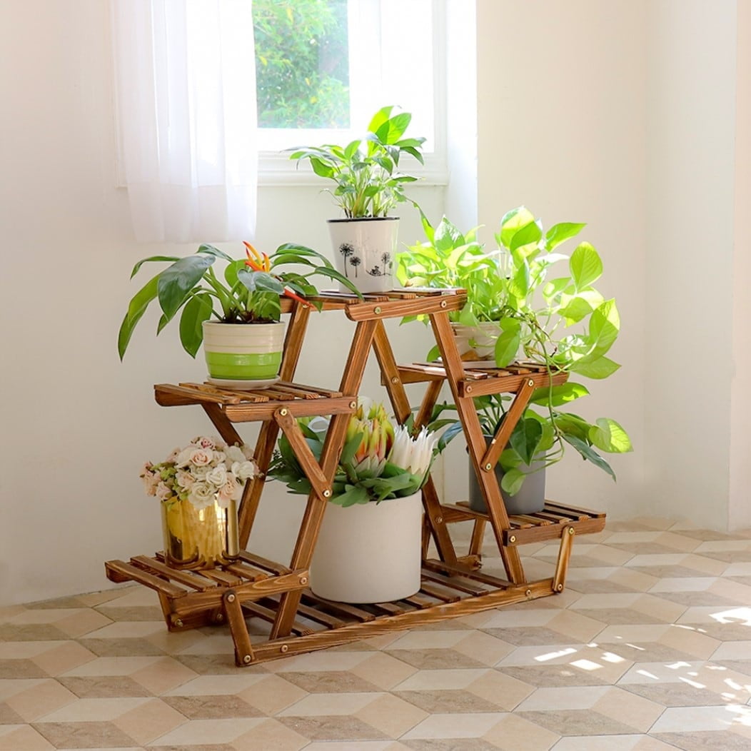 Natural Pine Wood and Metal 6-Tier Triangle Plant Stand