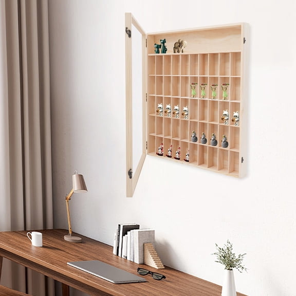 6 Tiers 50 Compartments Pine Wood Display Cabinet Modern Wall-mount Cabinet