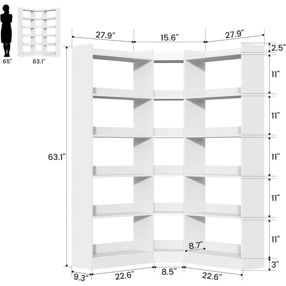 6 Tiers Corner Bookshelf with Storage, 63.1 Tall Modern Industrial L Shaped Etagere Display Rack for Bedroom Home Office Living Room, White