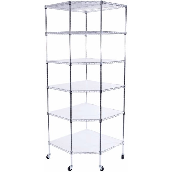 6 Tiers Corner Shelf, Adjustable Metal Storage Wire Shelving Unit Corner Rack Corner Shelving, Free Standing Corner Storage Rack Display with Wheels for Living Room, Bathroom, Kitchen (Silver)