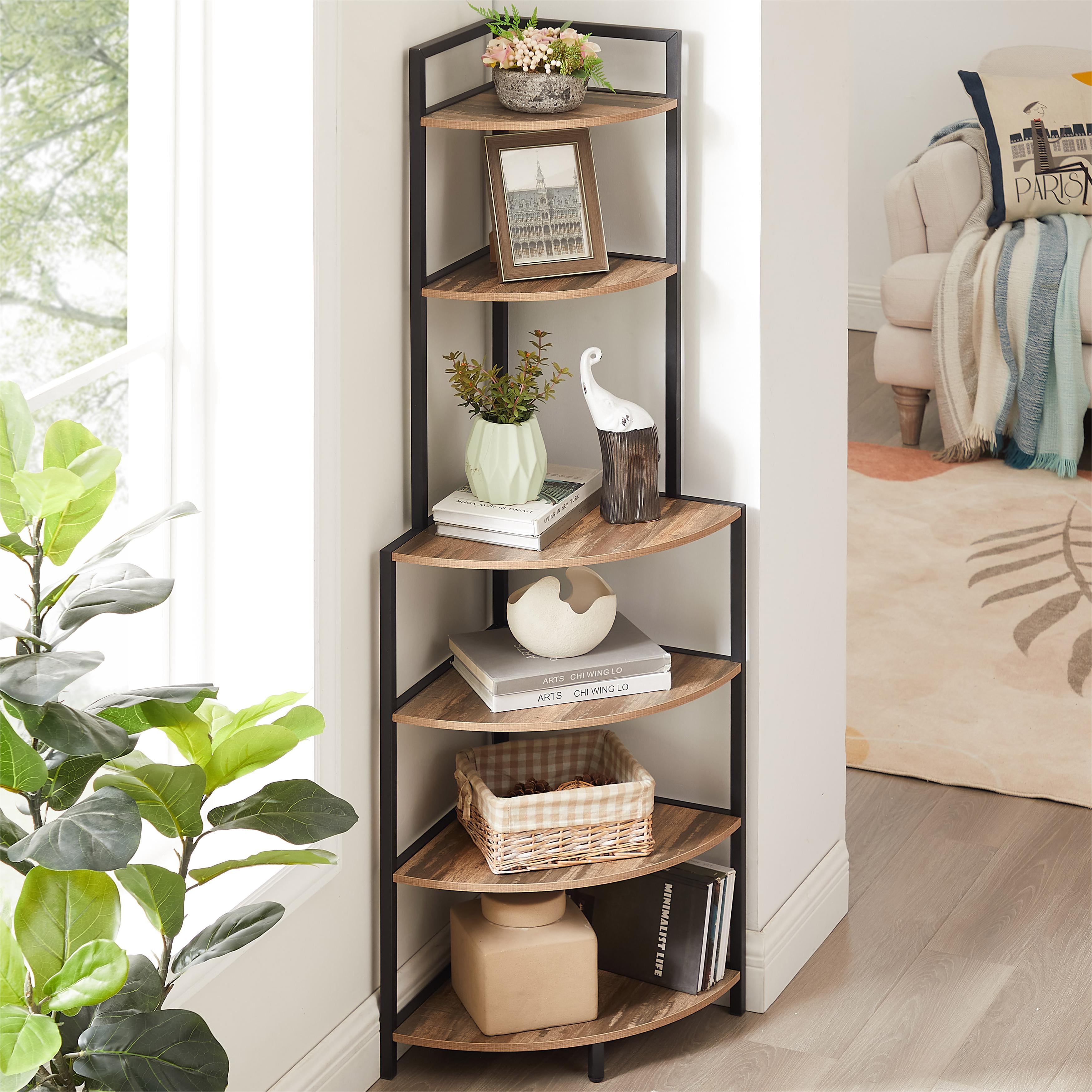 6 Tiers Corner Shelf Stand Modern Bookcase Freestanding Bookshelf Corner Open Shelf Bookcase for Living Room Home Small Space Rustic Brown