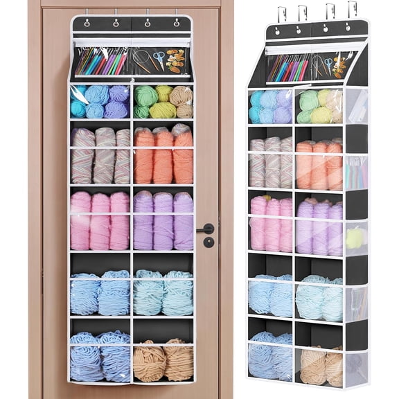 6 Tiers Hanging Yarn Storage Organizer, Large Knitting Organizer with 12 Deep Clear Pockets & 10 Mesh Side Pockets, Over The Door Yarn Holder for Crochet Hooks, Knitting Needles, Dark Grey