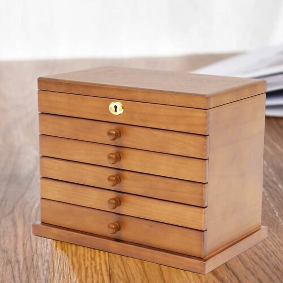 6 Tiers Jewelry Box Wooden Storage Cabinet Four-Leaf Carved Top w/ Lock & Mirror
