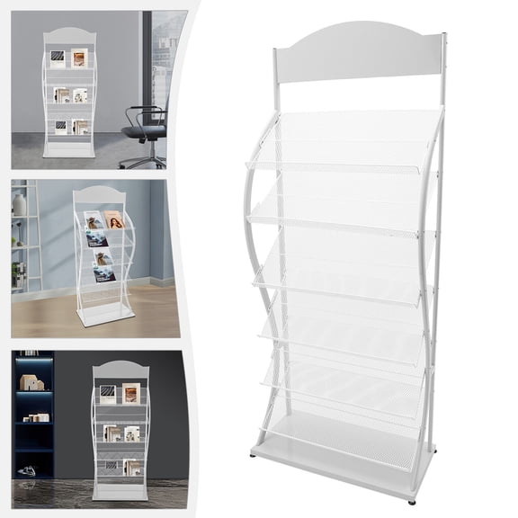 6 Tiers Magazine Display Stand Gray and White Brochure Rack for Offices/Shops