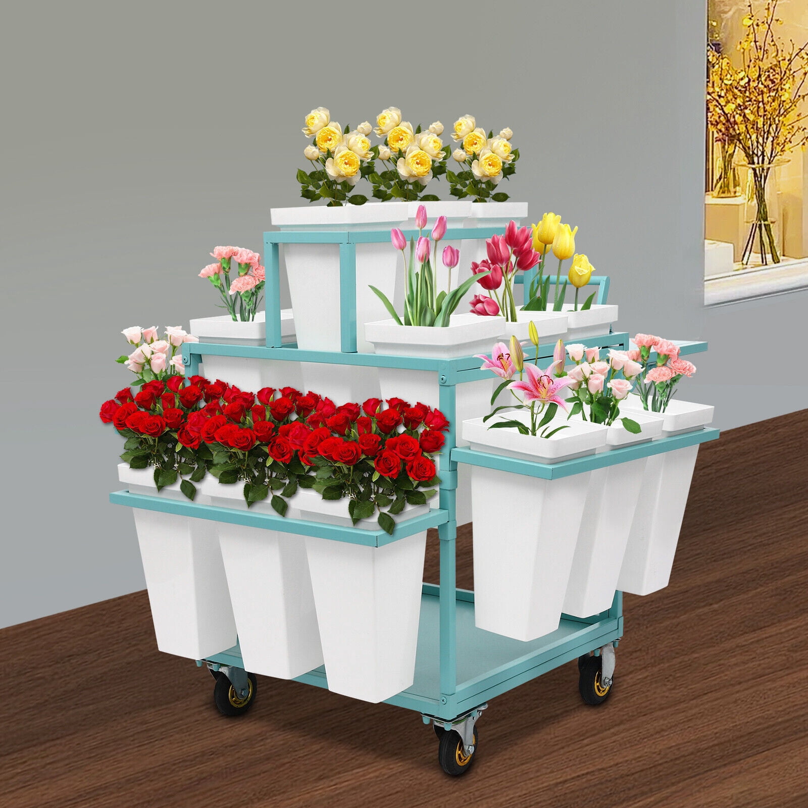 Flower Display Rack Used 6 Tiers PP Flower Display Stand Rolling Flower Display Rack Blue+18 ...