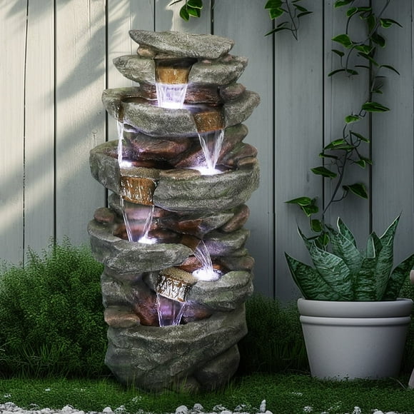 Indoor/Outdoor Resin Cascading Rock Floor Standing Water Fountain with LED Lights Deck Decor