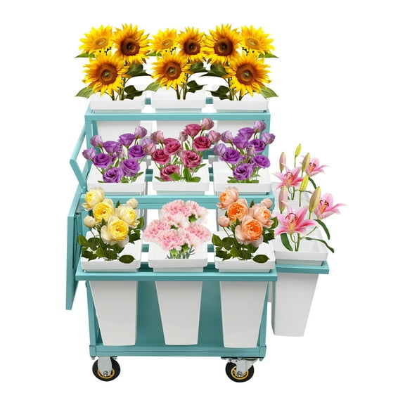 6 Tiers Rolling Flower Display Stand,Cart Plant Stand,Flower Display Rack W/18 Flower Buckets 4 Wheels for Florist,Patio Garden Corner, Weddings Party,Business Market (White,Blue,Pink)