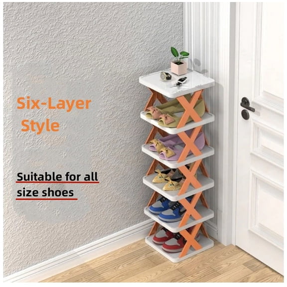 6 Tiers Vertical Shoe Tower, Narrow Corner Shoe Rack, Folding Shoe Cabinet,Space Saving DIY Free Standing Shoes Storage Organizer for Small Entryway, Closet, Stable & Easy Assembly, Orange