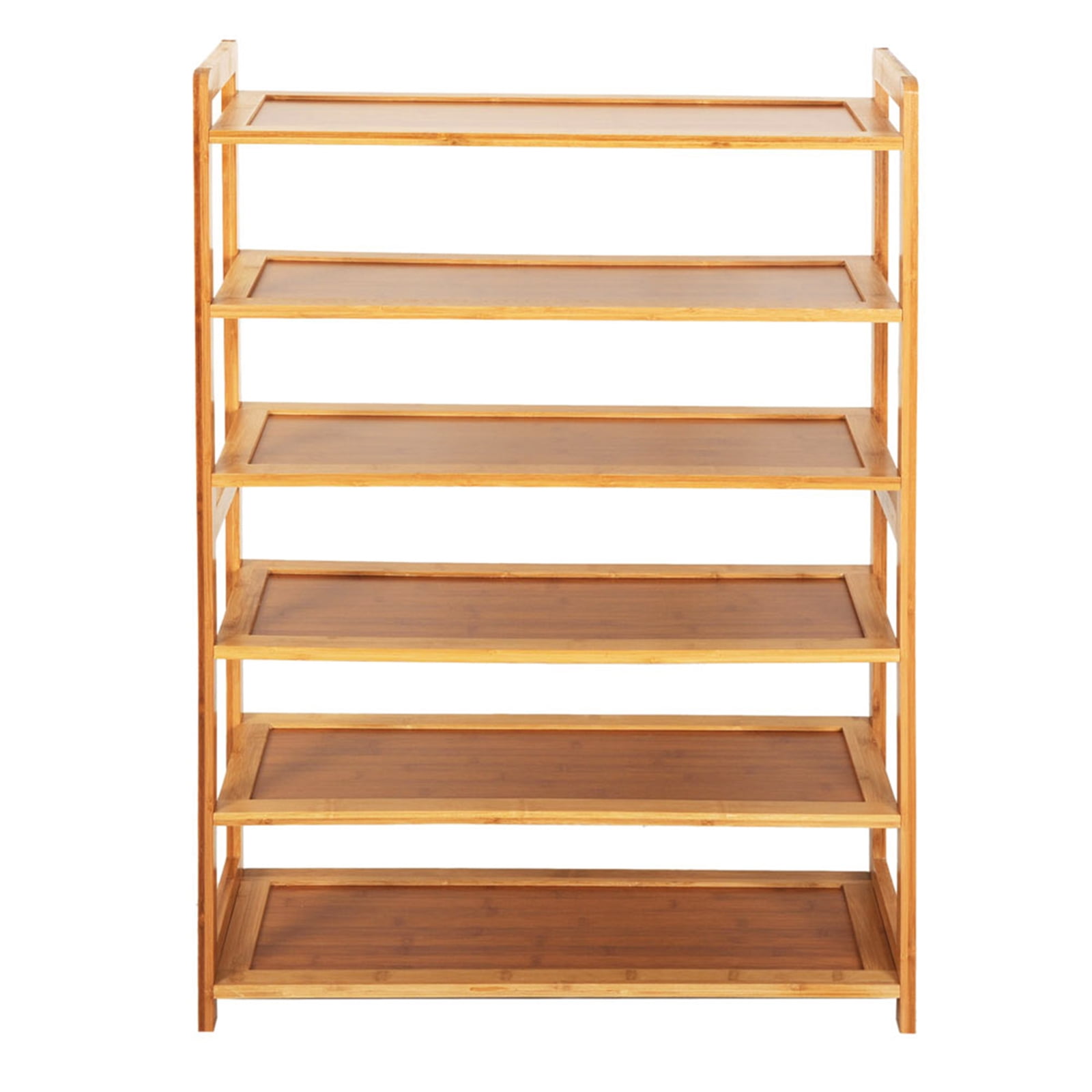 6 Tiers Wood Color Bamboo Shoe Rack, Rectangle Multifunctional Bamboo Storage Shelf with MDF Board, DIY Adjustable Shoe Organizer, Sturdy Space Saving Shoe Rack for Entryway Bedroom Bathroom Closet