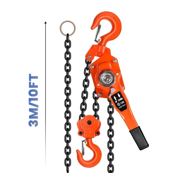 6 Ton Manual Lever Hoist, 10 ft G80 Carbon Steel Chain Come Along, Smooth Pull Auto Chain Leading System, 360 Rotation Hook Thick Rubber Handle for Workshop Warehouse