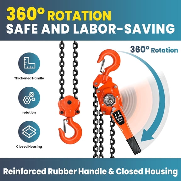 6 Ton Manual Lever Hoist, 13200 lbs, 20 FT Chain, G80 Industrial Grade Steel, Double-Pawl Safety Brake, Auto Chain Leading, 360° Rotation Hook, No Sudden Stop
