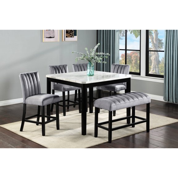 6 Transitional Dining , Square Faux Marble Tabletop And Black Upholstered Seats For Area Room