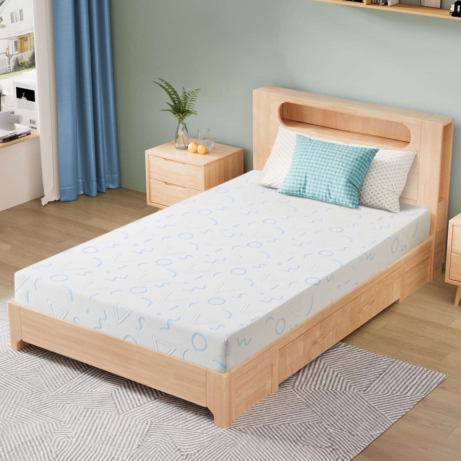 6" TwinXL Mattress, Removable and Washable Cover, Cooling Memory Foam with Geometric Pattern, Medium Touch, Bed in a Box, CertiPUR-US Certified, White/Blue